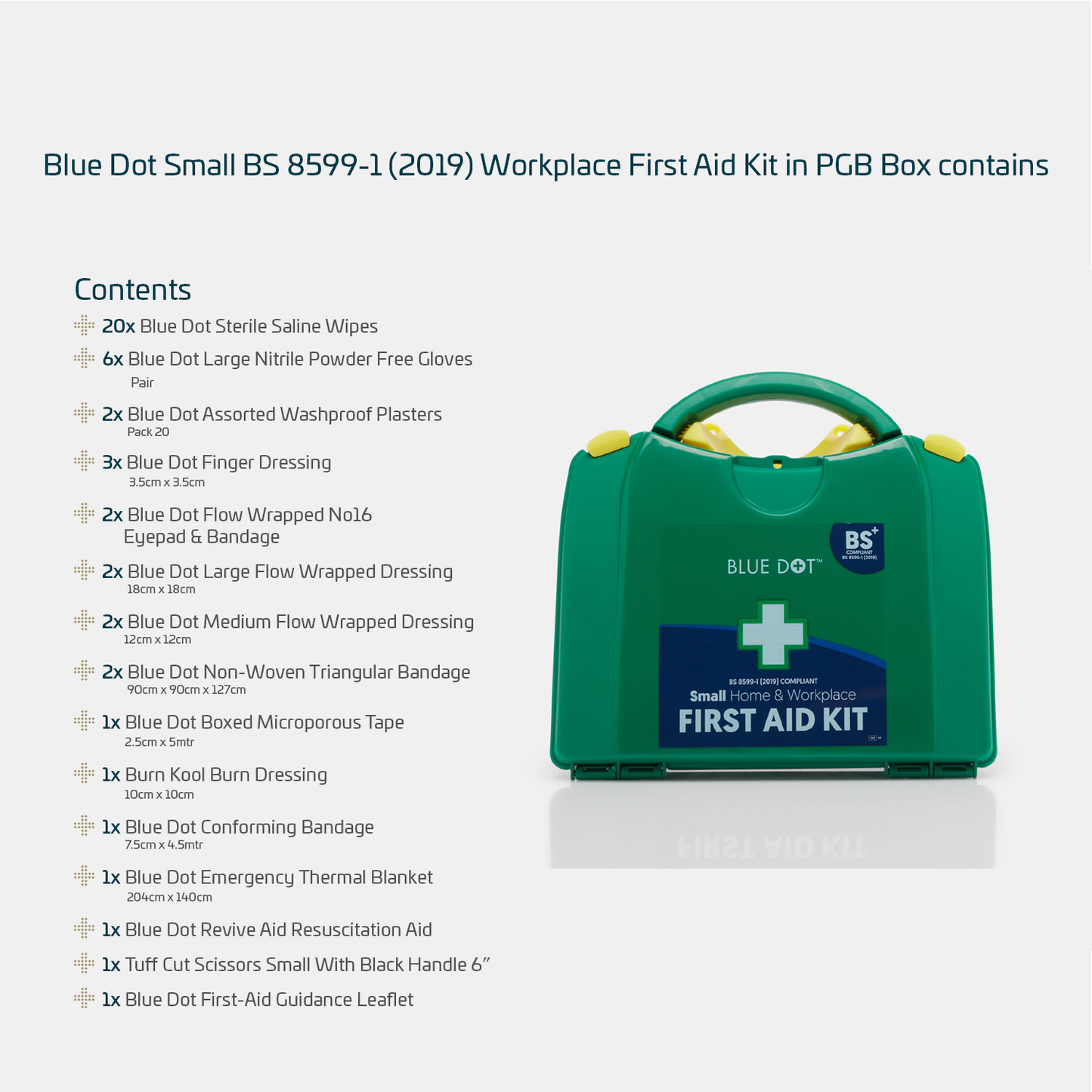 Blue Dot Small BS 8599-1 (2019) Workplace First Aid Kit In PGB Box contents sheet