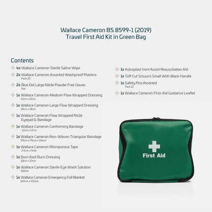 Wallace Cameron BS 8599-1 (2019) Travel and Motoring First Aid Kit In Green Pouch