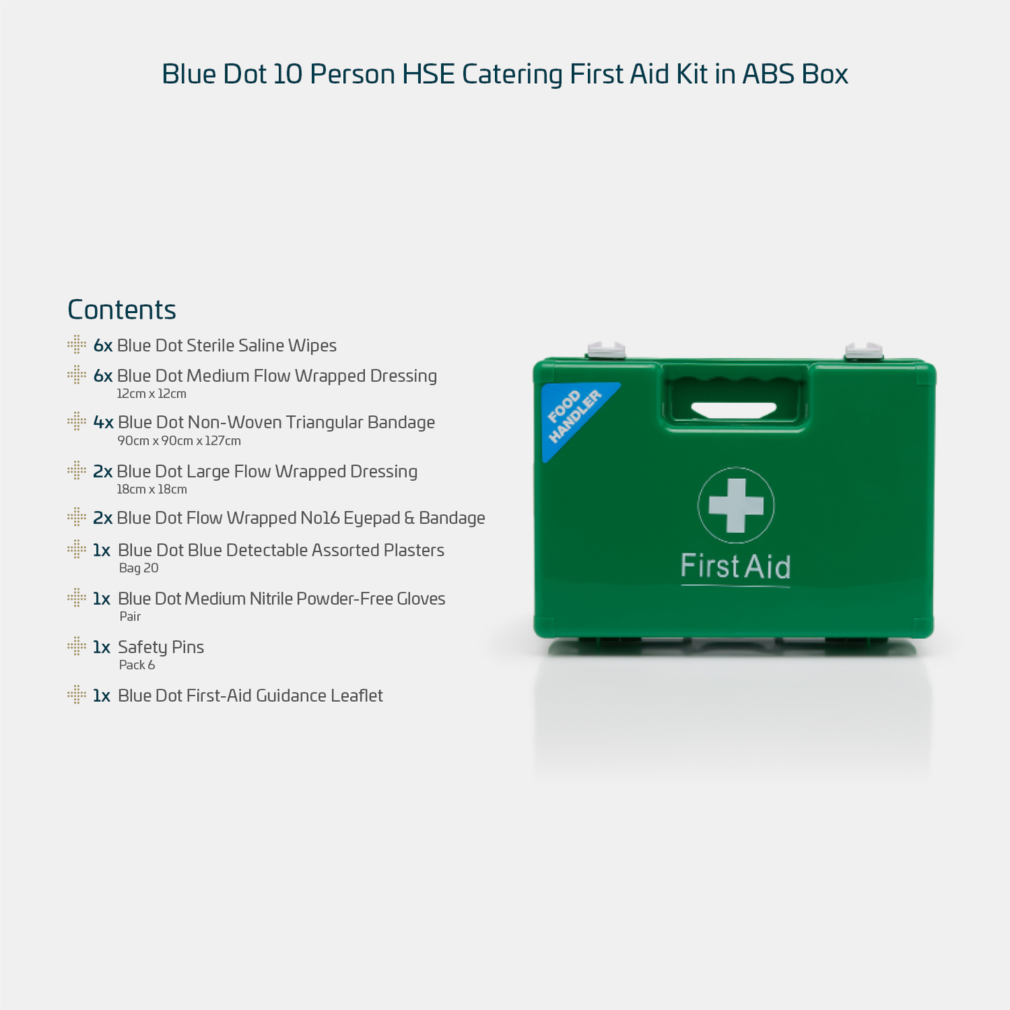 Crest Medical Blue Dot 10 Person HSE Catering First Aid Kit in ABS Box content sheet 