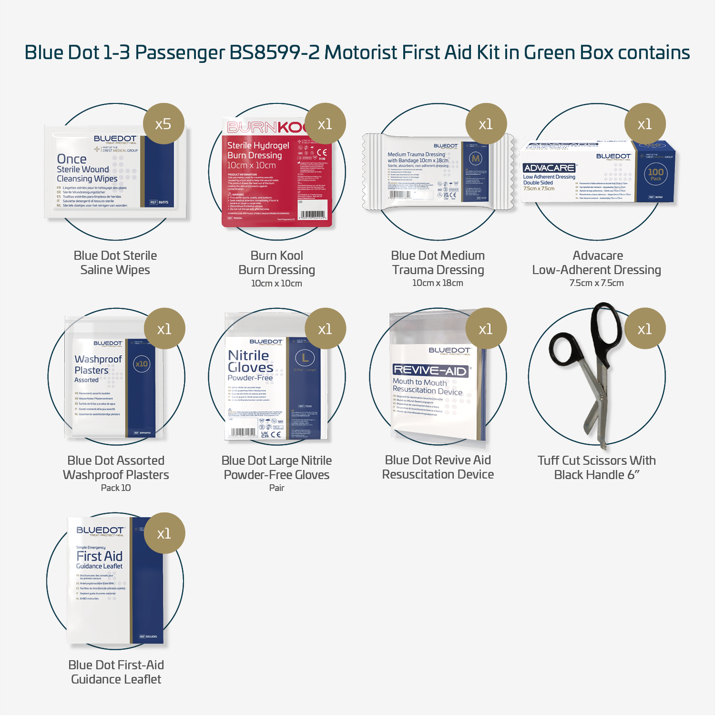 Blue Dot 1-3 Passenger BS8599-2 (2014) Motorist First Aid Kit in Green Box