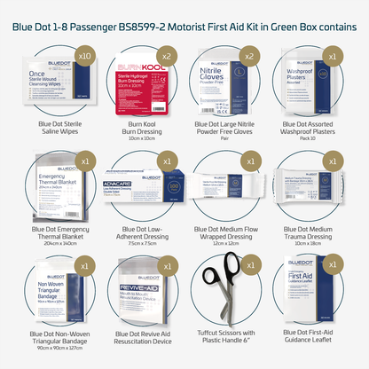 Blue Dot 1-8 Passenger BS8599-2 (2014) Motorist First Aid Kit in Green Box