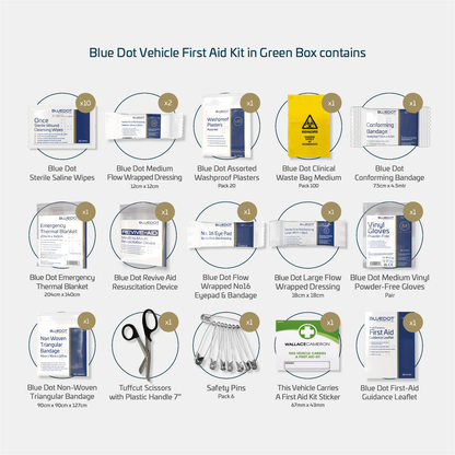 Blue Dot Vehicle First Aid Kit in Green Box