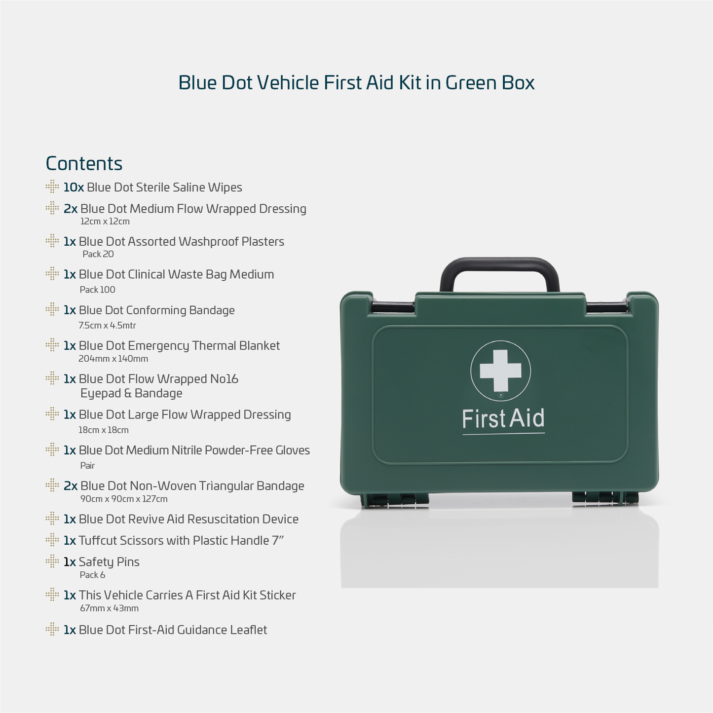 Blue Dot Vehicle First Aid Kit in Green Box