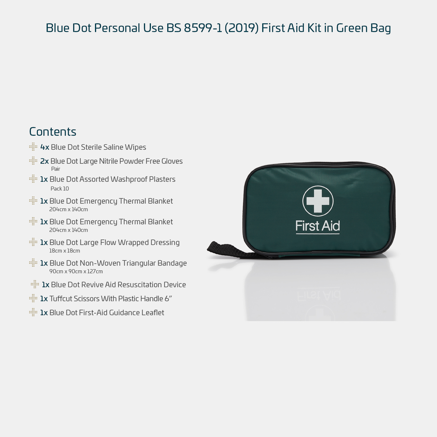 Blue Dot Personal Use BS 8599-1 (2019) First Aid Kit in Green Bag