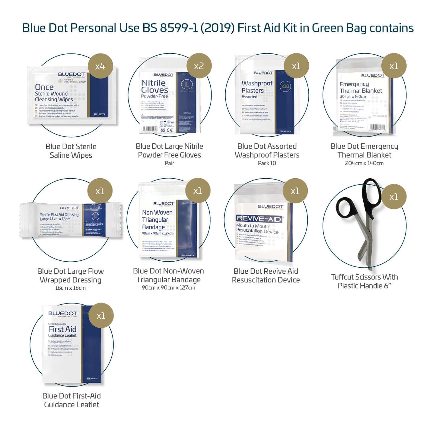 Blue Dot Personal Use BS 8599-1 (2019) First Aid Kit in Green Bag