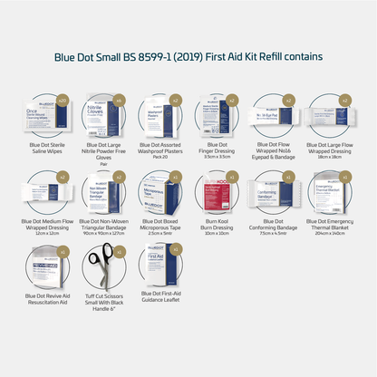 Blue Dot Small BS 8599-1 (2019) First Aid Kit Refill contents sheet 