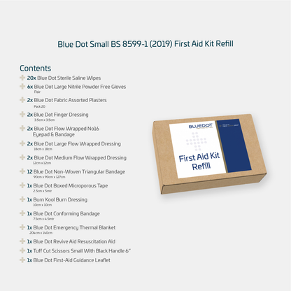 Blue Dot Small BS 8599-1 (2019) First Aid Kit Refill contents sheet 