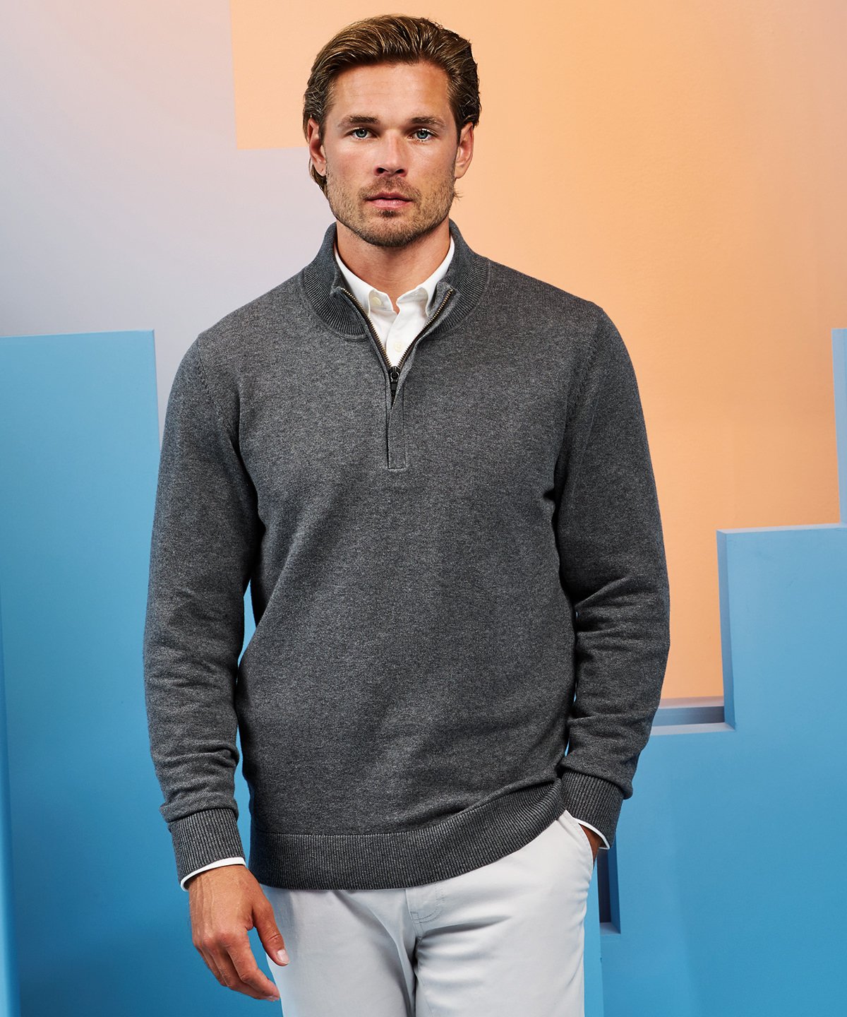 Mens Cotton Blend Quarter Zip Sweater